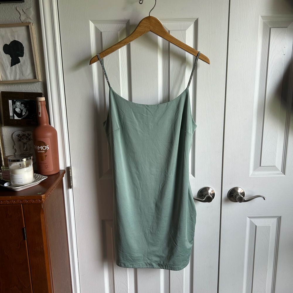 Y2K sage green rhinestone strap bodycon slip dress - Picture 5 of 5